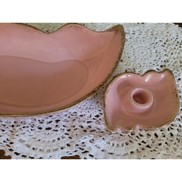 Vintage Gilner USA Pottery Pink and gold console bowl And Candle Holders - Picture 3 of 9